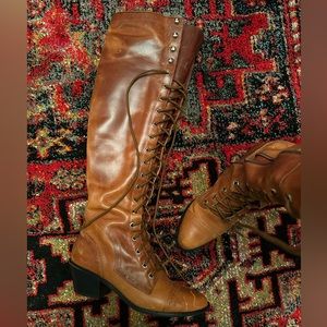 Free People leather knee boot, lace and zip. 7.5